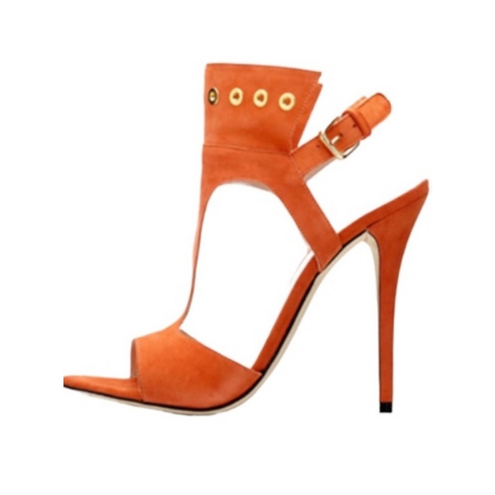 Stuart Weitzman Burnt Salmon Coral Suede Open Toe French Cuff Stiletto Heels
